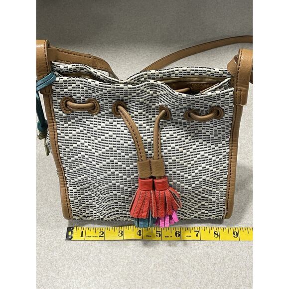 Fossil Claire Small Drawstring Bag Beige/Brown Woven W/Leather Trim Tassel 9x9 - Picture 12 of 14